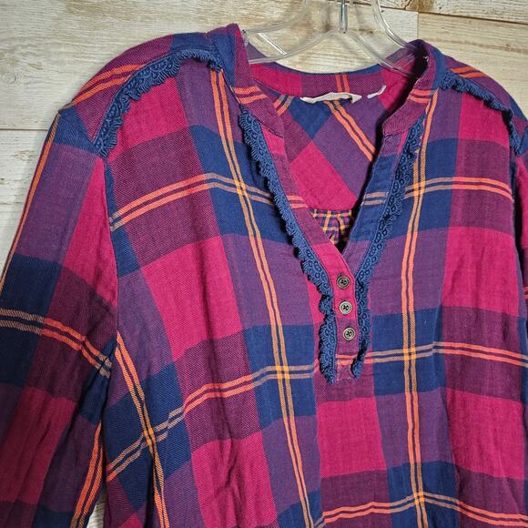 Soft Surroundings Ellesmere Double Flannel Long Sleeve Button Medium Crochet Top - Picture 6 of 14